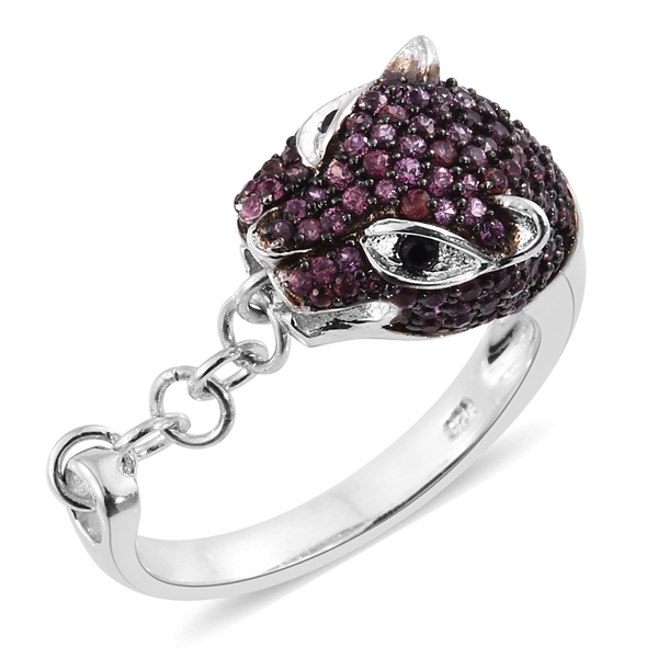 Designer Inspired-Rhodolite Garnet (Rnd), Boi Ploi Black Spinel Leopard Ring in Black Rhodium and Pl