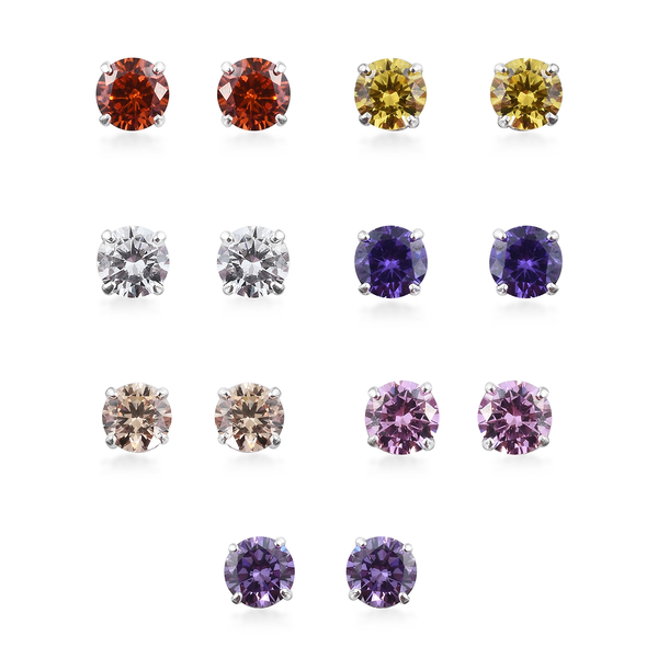 Set of 7 - ELANZA Multi Colour Simulated Diamond (Rnd) Stud Earrings (with Push Back) in Sterling Si