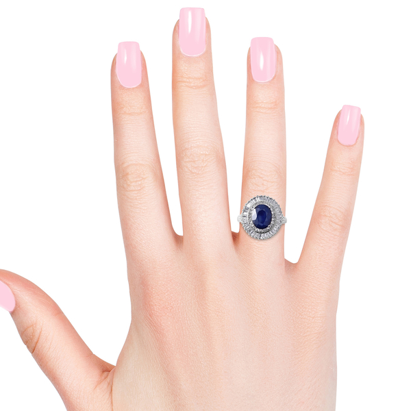 Kanchanaburi Blue Sapphire (Ovl 11x9 mm), White Topaz Ring in Rhodium Overlay Sterling Silver 8.160 Ct.