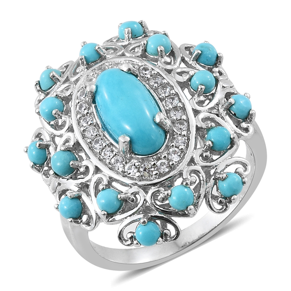 Arizona Sleeping Beauty Turquoise (Ovl and Rnd), Natural Cambodian Zircon Ring in Platinum Overlay S