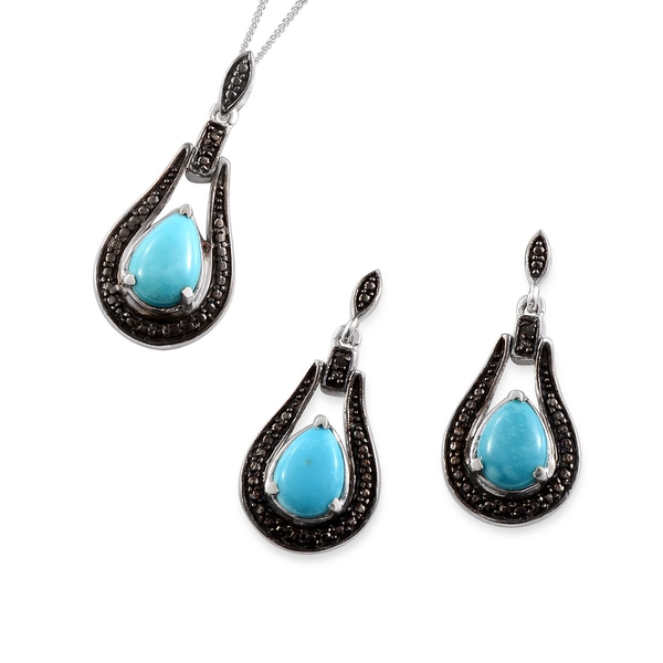 Arizona Sleeping Beauty Turquoise (Pear), Black Diamond Earrings and Pendant With Chain in Platinum 