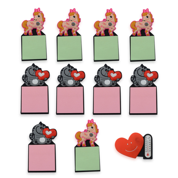 Set of 11 - Pink Horse and Grey Cat Magnetic Fridge Sticky Notes and Heart Thermometer