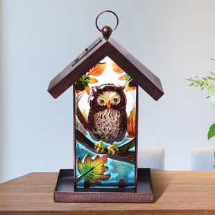 Garden Theme Hand Painted Solar Owl Pattern Lantern Bird Feeder (Size 18x14x33cm) - Brown and Multi