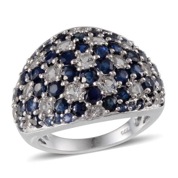 Kanchanaburi Blue Sapphire (Rnd), White Topaz Cluster Ring in Platinum Overlay Sterling Silver 6.500