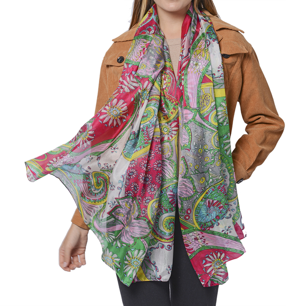 Close Out Deal- 100% Mulberry Silk Floral Pattern Scarf (Size 175x105 Cm) - Green and Pink
