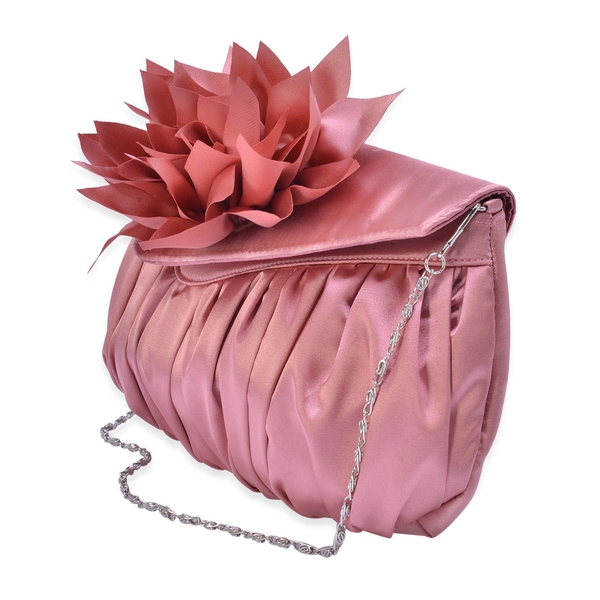 Blush Pink Satin Clutch with Dahlia Flower and Removable Chain Strap (Size 23x15 Cm)