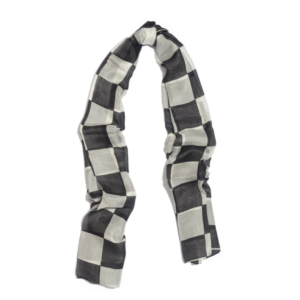 100% Mulberry Silk Black, White and Grey Colour Square Pattern Scarf (Size 180x100 Cm)