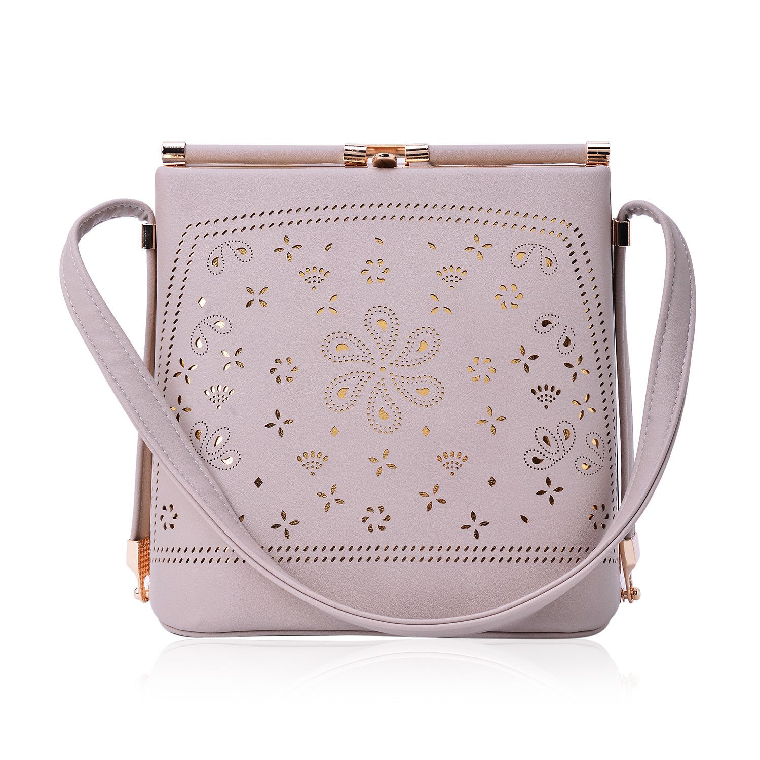 Laser Cut Floral Pattern Cream Colour Clutch Bag With Unique Adjustable Strap (Size 20x20x15 Cm)