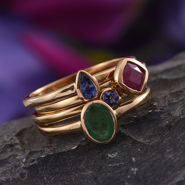 Set of 4 - African Ruby (Cush 1.00 Ct), Kagem Zambian Emerald and Tanzanite Solitaire Ring in 14K Gold Overlay Sterling Silver 2.000 Ct.