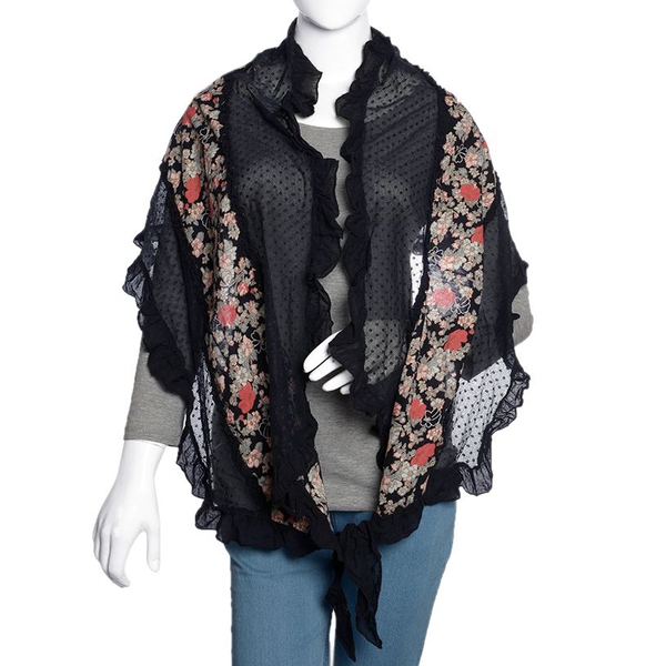 50% Cotton Black, Red and Multi Colour Floral Pattern Scarf with Hand Made Ruffle Border (Size 200X4