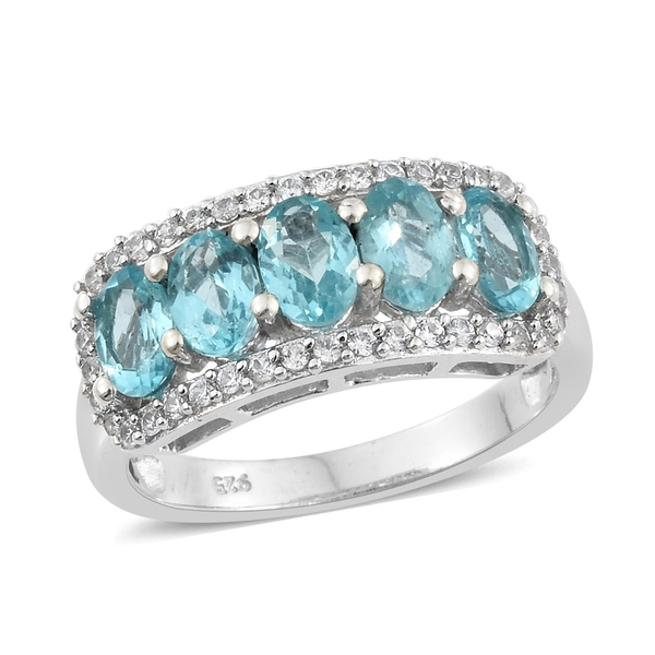 Paraiba Apatite (Ovl), Natural Cambodian Zircon Ring in Platinum Overlay Sterling Silver 2.750 Ct.