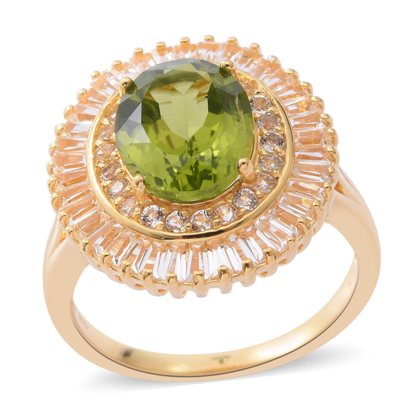 8.05 Ct Hebei Peridot and White Topaz Halo Ring in Gold Plated Silver