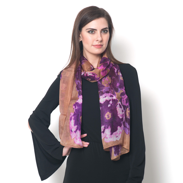 100% Mulberry Silk Purple and Pink Colour Floral Pattern Light Chocolate Colour Scarf (Size 175x50 C