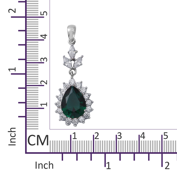 2 Piece Set - ELANZA Simulated Emerald (Pear 13x10 mm), Simulated Diamond Drop Dangle Earrings (with Push Back) and Pendant in Rhodium Overlay Sterling Silver, Silver wt 7.00 Gms.