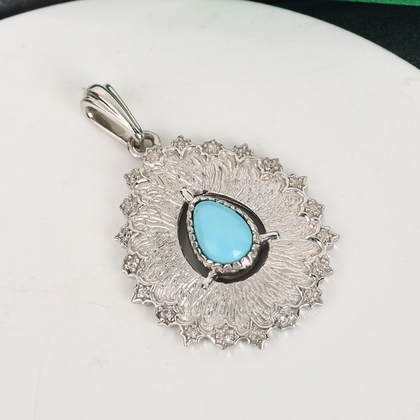 GP Italian Garden Leaf and Flower - Arizona Sleeping Beauty Turquoise, Natural Cambodian Zircon and Blue Sapphire Pendant in Platinum Overlay Sterling Silver