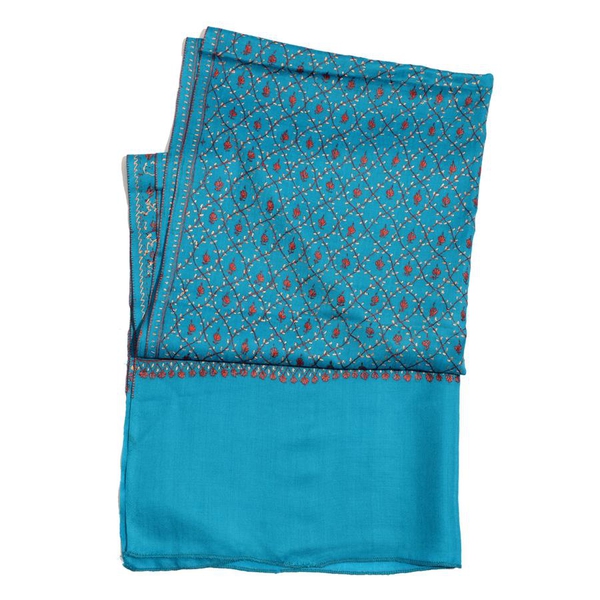 Hand Embroidered Floral Pattern Kashmiri Turquoise Woollen Shawl (Size 200x70 Cm) - 100% Merino Wool