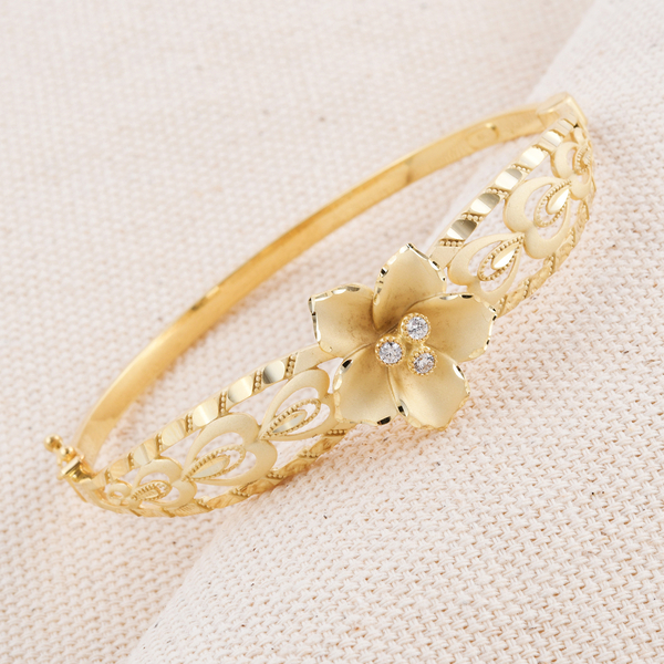 Close Out Deal - 9K Yellow Gold Natural Cambodian Zircon Diamond Cut Floral Bangle (Size 7) with Clasp, Gold Wt 7.60 Gms