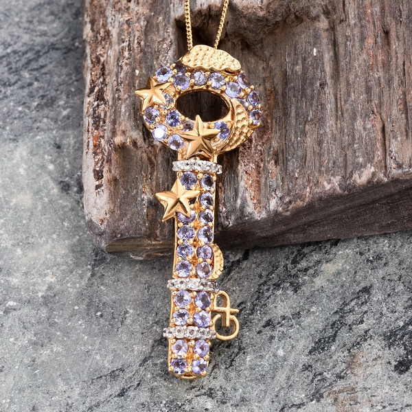 GP Tanzanite (Rnd), White Topaz and Kanchanaburi Blue Sapphire Key Pendant With Chain in 14K Gold Overlay Sterling Silver 3.250 Ct.