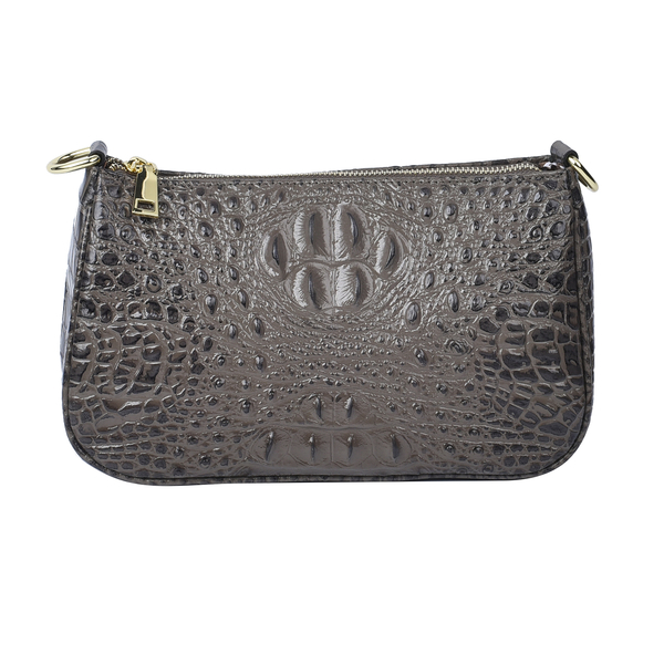 Genuine Leather Crocodile Skin Pattern Hobo Bag with Handel and Shoulder Strap - Dark Grey