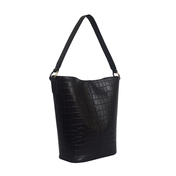 Assots London AMELIA Croc Leather Bucket Bag (35X13X34cm) - Black