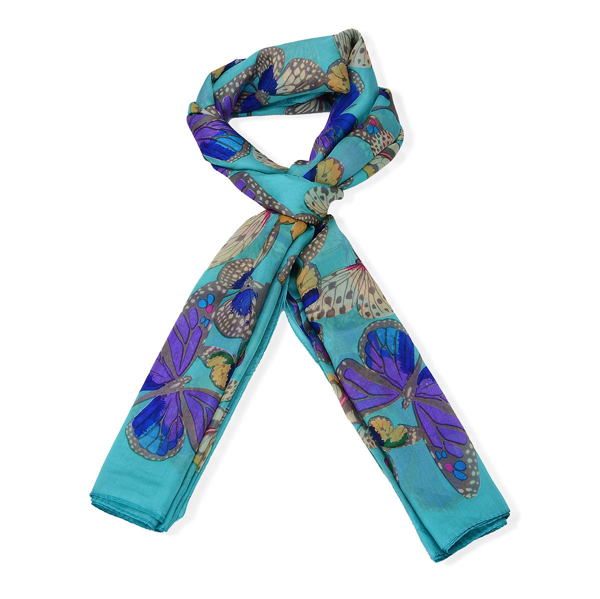 High Quality Mulberry Silk (30-36 GSM) Multi Colour Butterfly Printed Turquoise Colour Scarf (Size 1