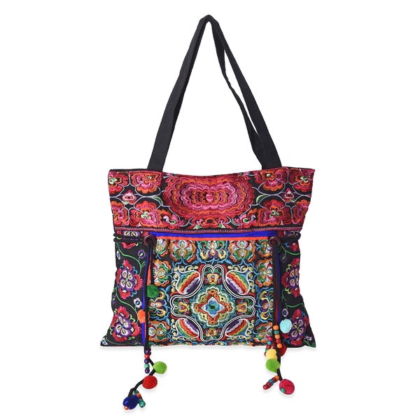Embroidered Floral Tote Bag with Zipper Closure and Drawstring (Size 45x38 Cm) - Multi
