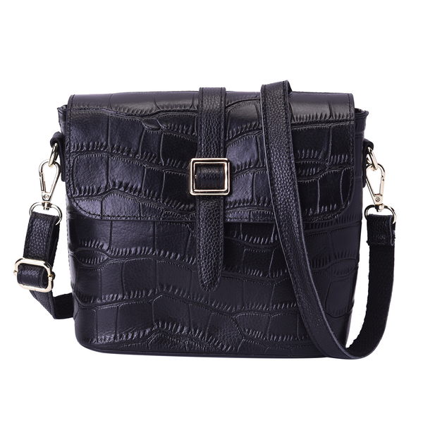 100% Genuine Leather Croc Pattern Crossbody Bag (20x9.5x18cm) - Black