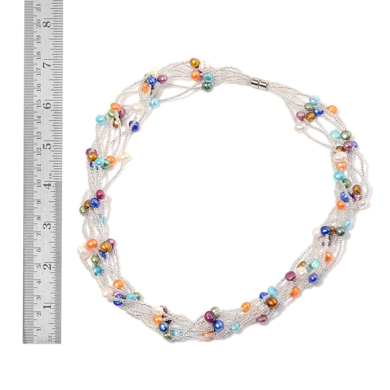 Fresh Water Multi Colour Pearl and White Glass Necklace (Size 18) and Bracelet (Size 7.50) in Silver Tone 37.000 Ct.