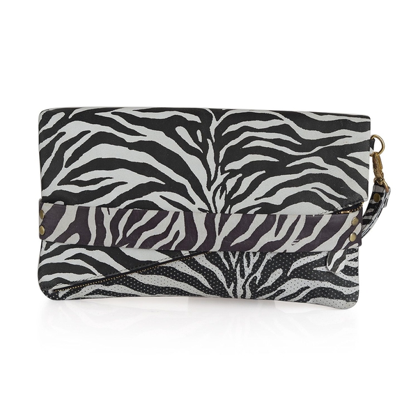 Genuine Leather Black and White Colour Zebra Pattern Handbag with Perforated Bottom Part (Size 30x18 Cm)