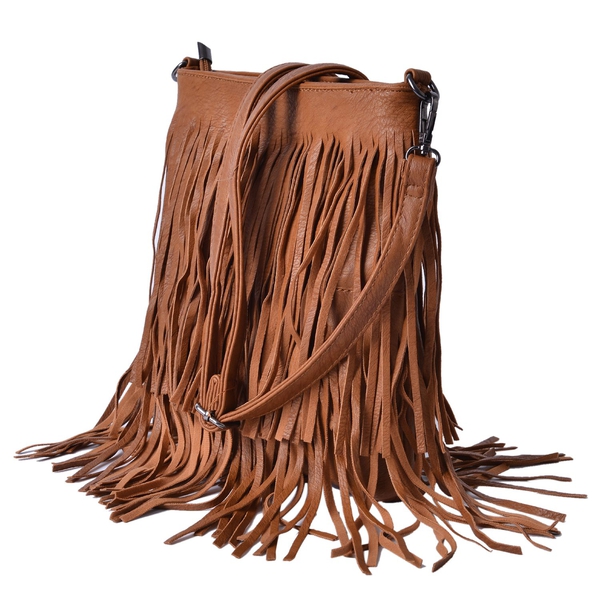 Chocolate Colour Crossbody Bag with Tassels and Adjustable and Removable Shoulder Strap (Size 26x24.5 Cm)