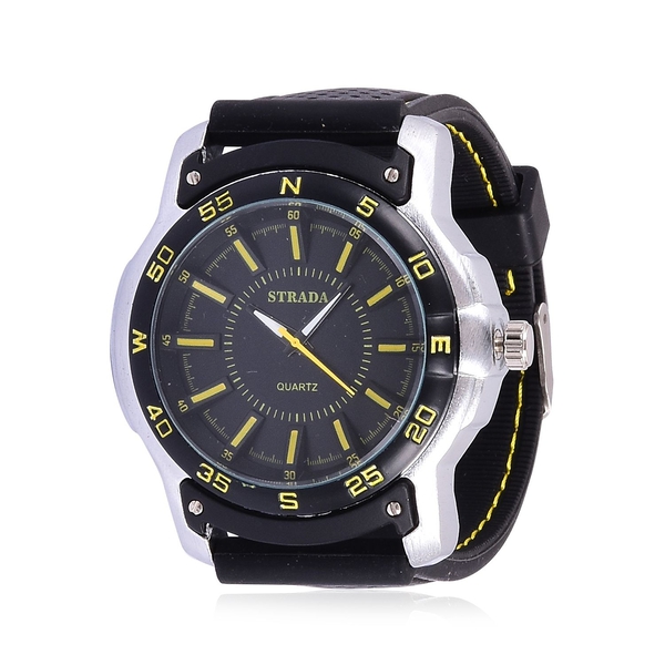 STRADA Japanese Movement Black and Yellow Dial Water Resistant Watch in Silver Tone with Stainless B