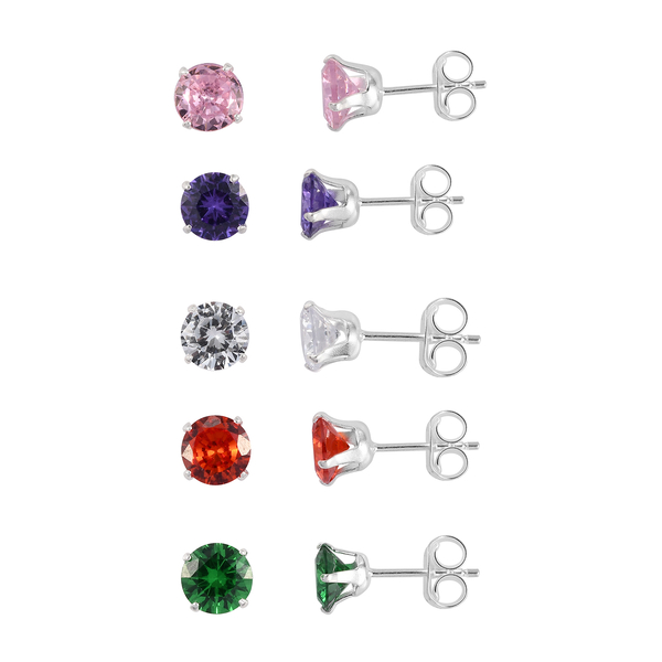 Set of 5 - Simulated Multi Diamond Stud Earrings (with Push Back) in Sterling Silver