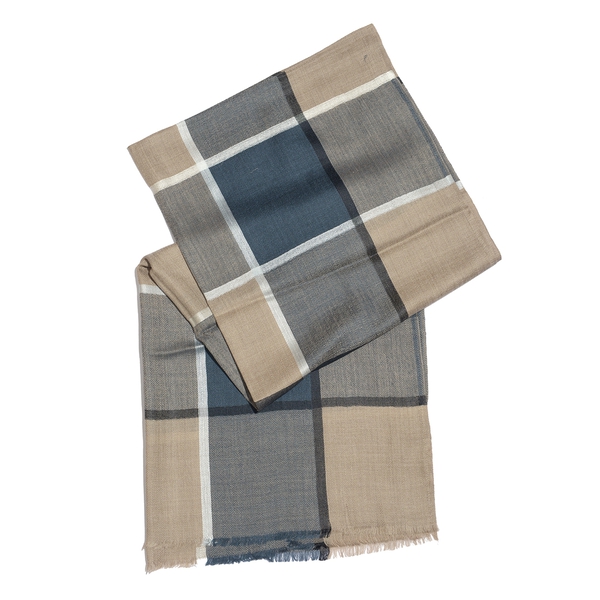 100% Cashmere Wool Blue, Grey and Multi Colour Checks Pattern Scarf (Size 200x70 Cm)