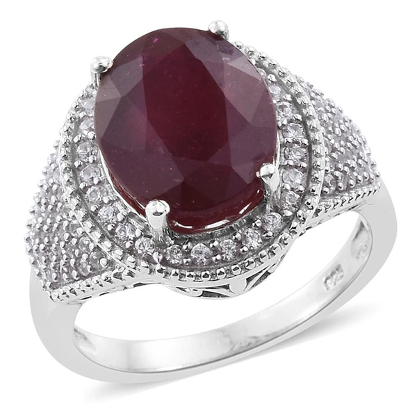 7 Carat African Ruby and Zircon Halo Ring in Platinum Plated Sterling Silver 5.18 Grams