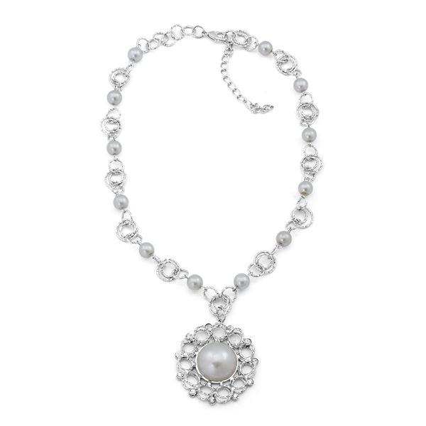 White Glass Pearl and White Austrian Crystal Necklace (Size 18) in Silver Tone with White Resin