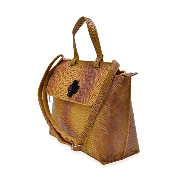 Bamboo Collection Yellow and Multi Colour Snake Embossed Tote Bag with External Zipper Pocket and Adjustable and Removable Shoulder Strap (Size 42x27x12 Cm)
