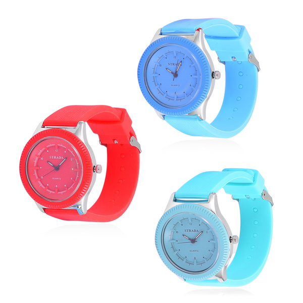 Set of 3 - STRADA Japanese Movement Red, Turquoise and Blue Colour Watch in Silver Tone with Silicon