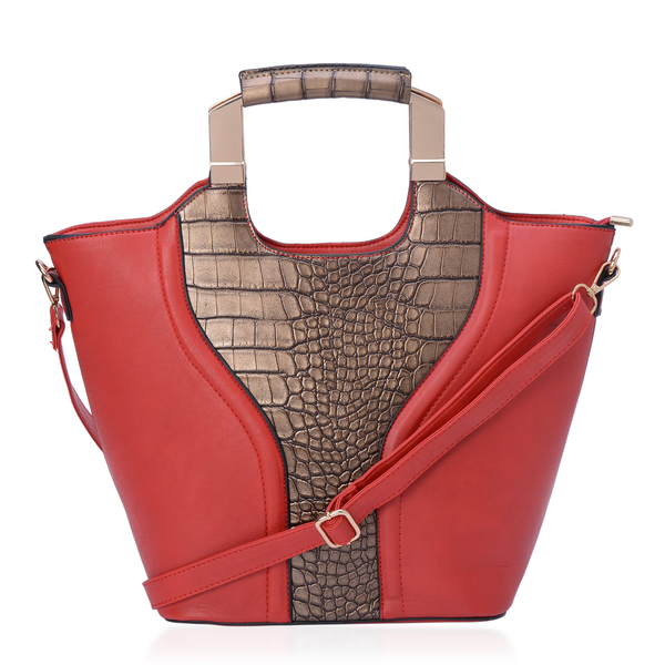 Red and Chocolate Colour Croc Embossed Tote Bag with External Zipper Pocket and Adjustable and Remov