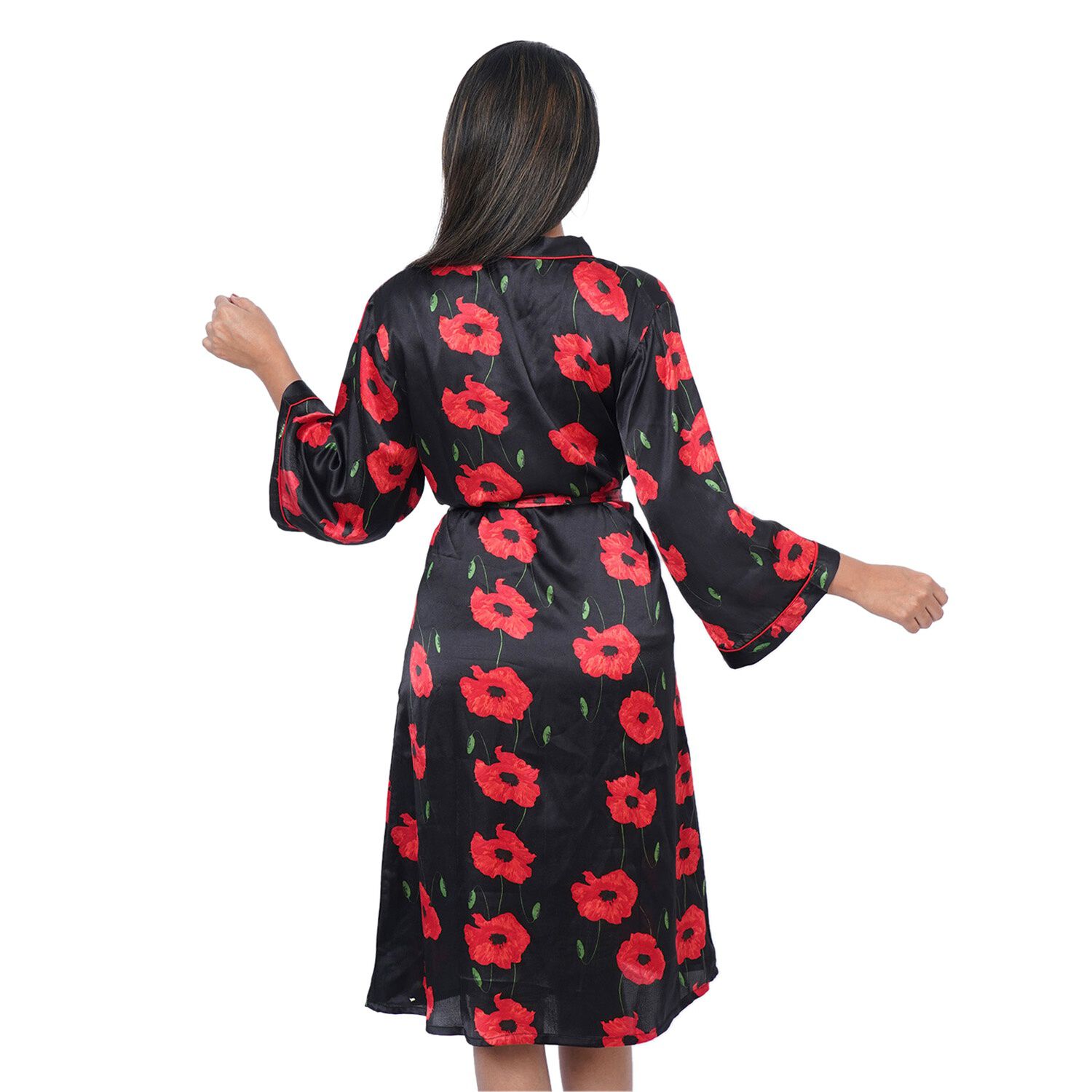 Floral Printed Satin Robe with Bell Sleeve (Size L 16-18 ), Length: 110cm) - Black