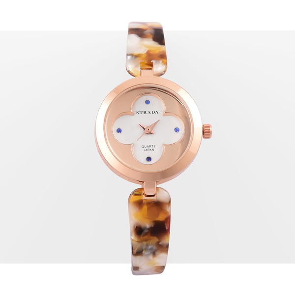 Designer Inspired-STRADA Japanese Movement Blue Austrian Crystal Studded White Dial Watch in Rose Gold Tone with Amber Colour Strap