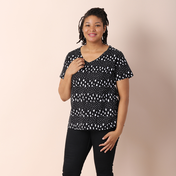 JOVIE 100% Cotton V Neck Short Sleeved Dot Pattern Jersey Print Top (Size S / 8-10) - Black & White