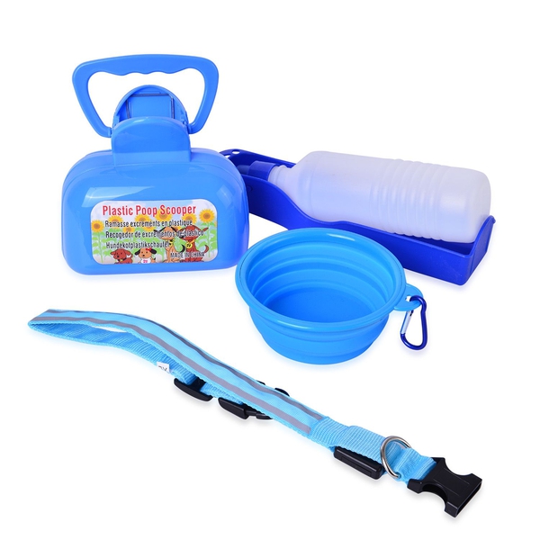 Pet Accessories - Blue Colour Poop Scooper, Squeeze Water Bottle, Silica Bowl and Dog Neck LED Strap