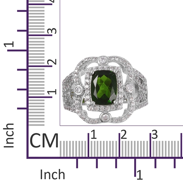 Chrome Diopside (Cush), Natural Cambodian White Zircon Ring in Rhodium Overlay Sterling Silver 2.390 Ct, Silver wt 5.39 Gms.