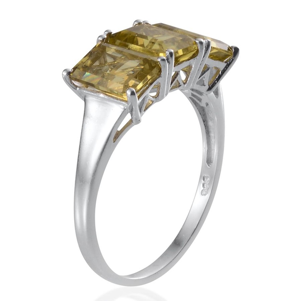 Brazilian Green Gold Quartz (Oct) Trilogy Ring in Platinum Overlay Sterling Silver 4.500 Ct.
