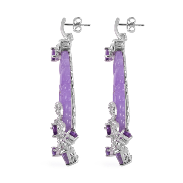 One Time Mega Deal Carved Purple Jade Earrings (with Push Back) in Rhodium Overlay Sterling Silver 54.180 Ct.