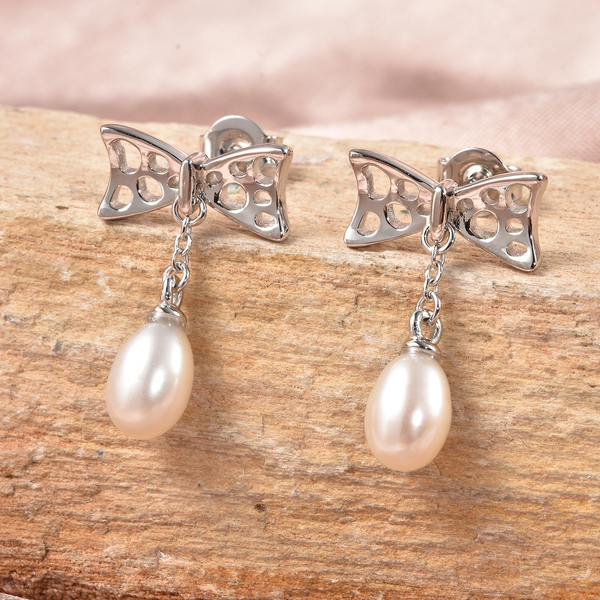 RACHEL GALLEY White Fresh Water Pearl Drop Earrings (With Push Back) in Rhodium Overlay Sterling Sil