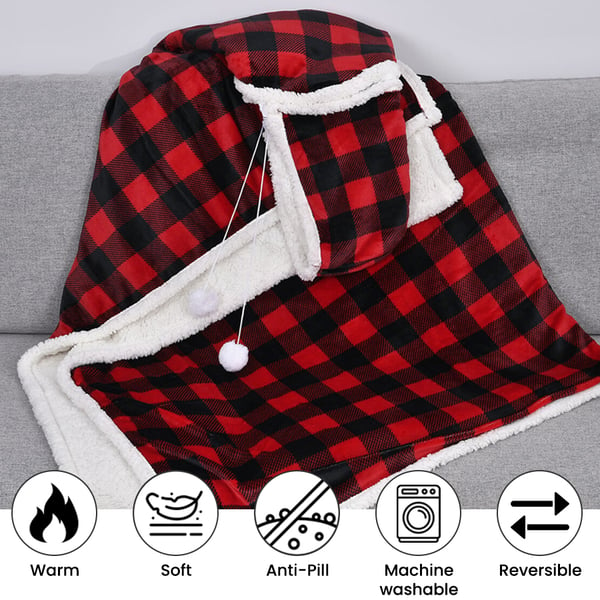 Check Pattern Hoodie Sherpa Blanket - Red & Black