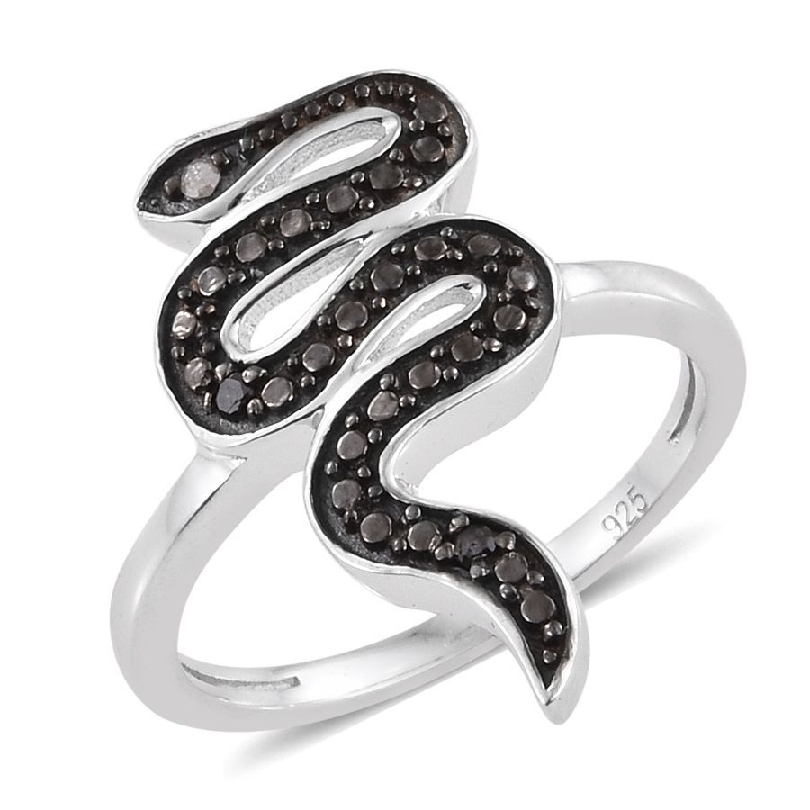 Black Diamond (Rnd), White Diamond Snake Ring in Platinum Overlay Sterling Silver