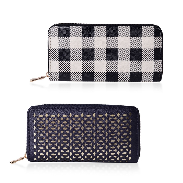 Set of 2 - Laser Cut Pattern Navy and Golden Colour and Checks Pattern Black and White Colour Wallet