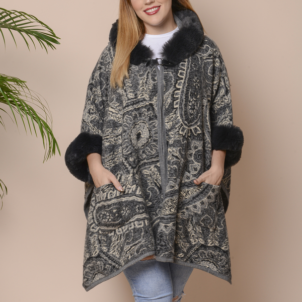 Last Chance-Dark Grey and Black Colour Faux Fur Hat Cape with Cashew Flower Pattern (Size 124.46 x 7